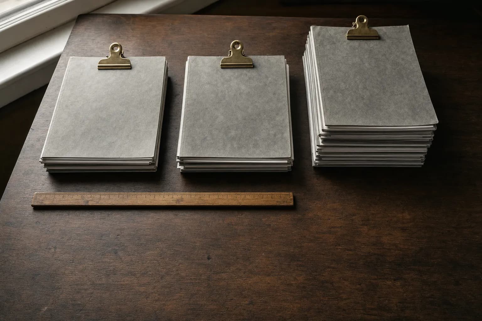 Three stacks of grey document folders on a dark oak desk, two of equal height and a third taller, each held by a brass clip