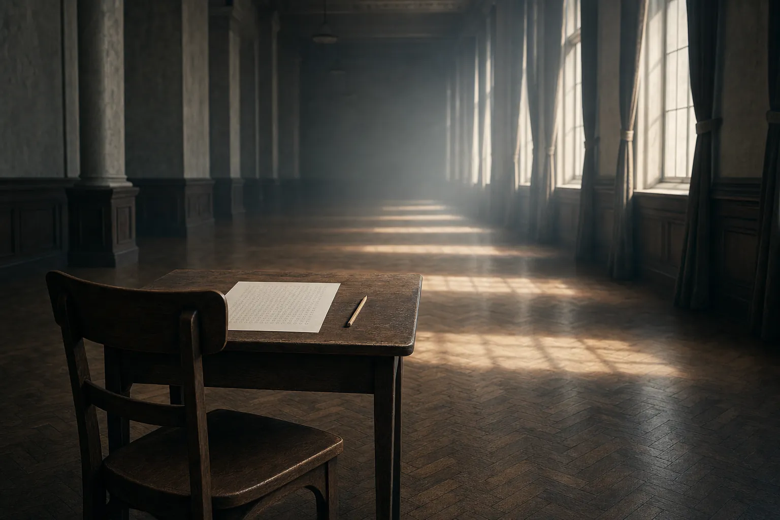 A single wooden chair at a small desk in an empty examination hall, a pencil and a blank answer sheet with a faint grid of circles