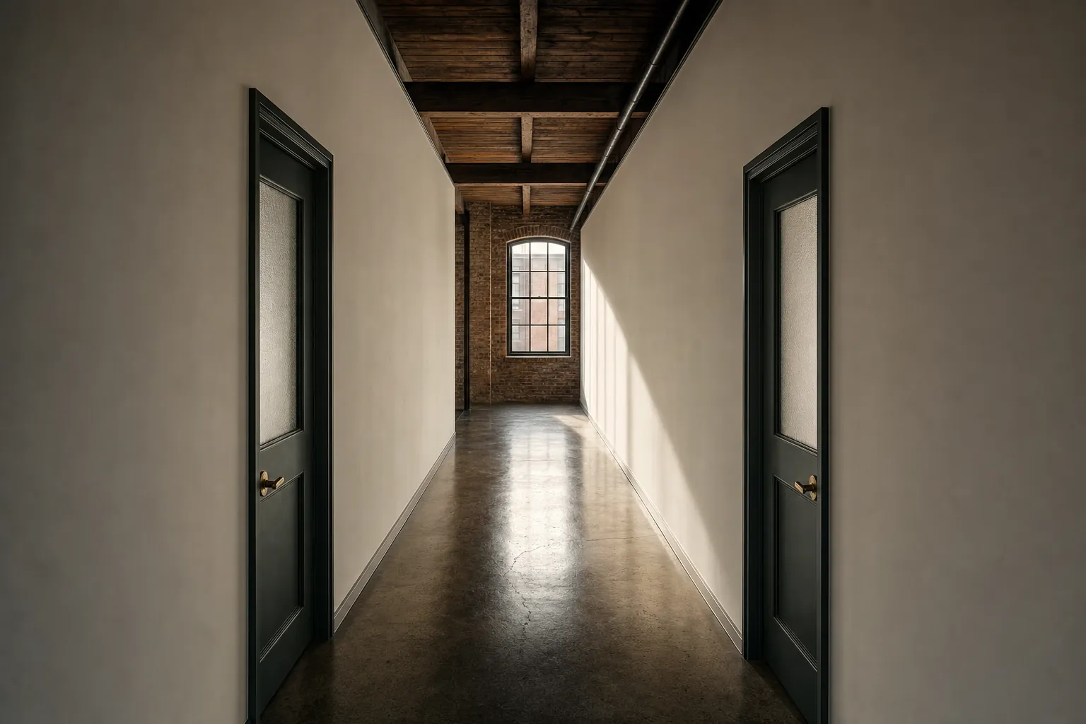 A quiet corridor in a converted brick office with two identical green doors facing each other, daylight from a tall window at the far end