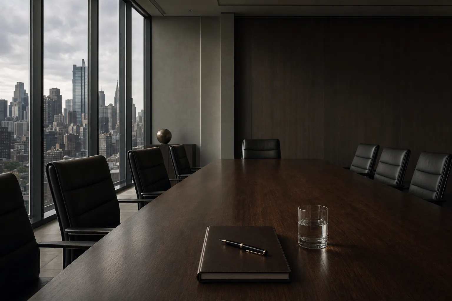 An empty boardroom at first light, a closed leather notebook and pen squared at the head of a long walnut table
