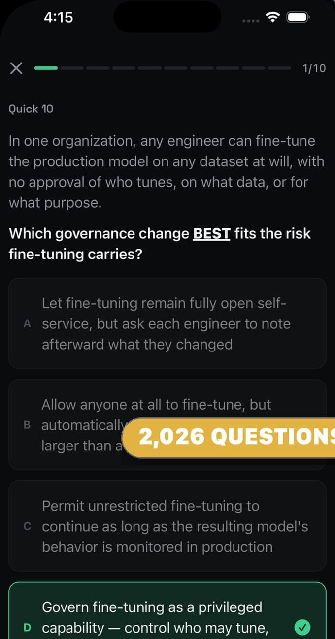 An AAISM practice question about governing model fine-tuning, with the best answer marked and explained