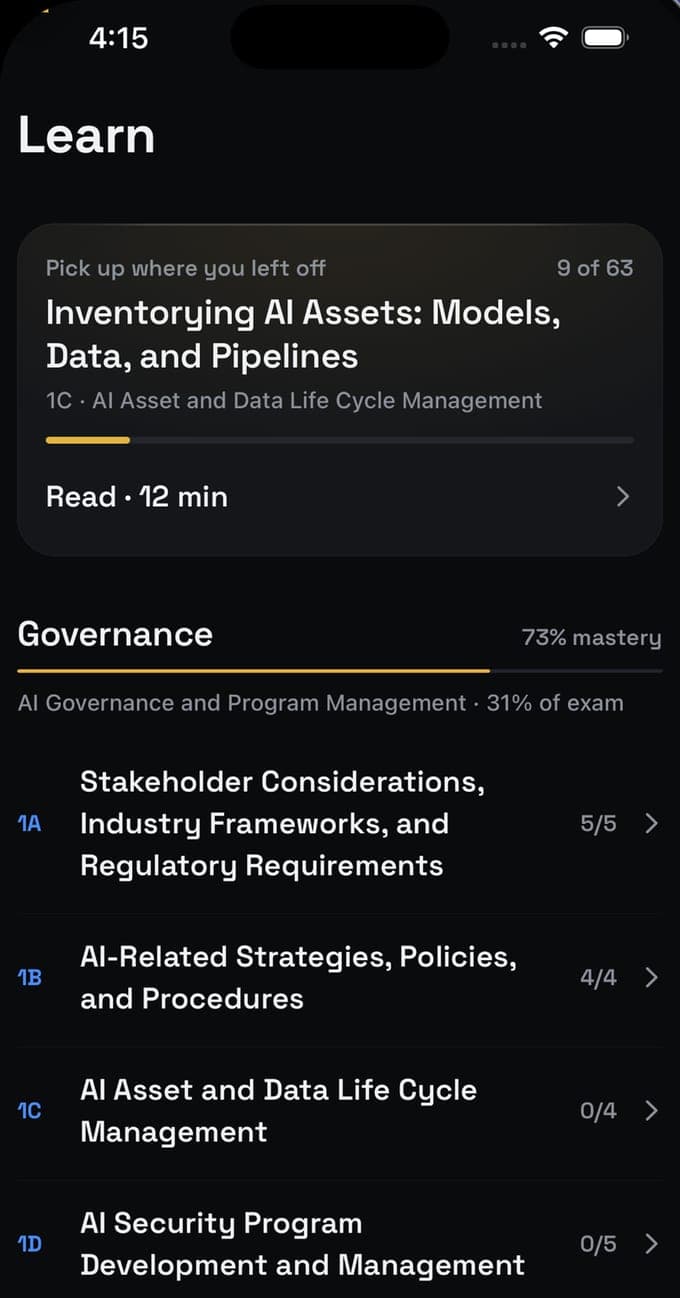 AAISM Learn screen listing Governance topics 1A to 1E with lesson counts and 31% of exam