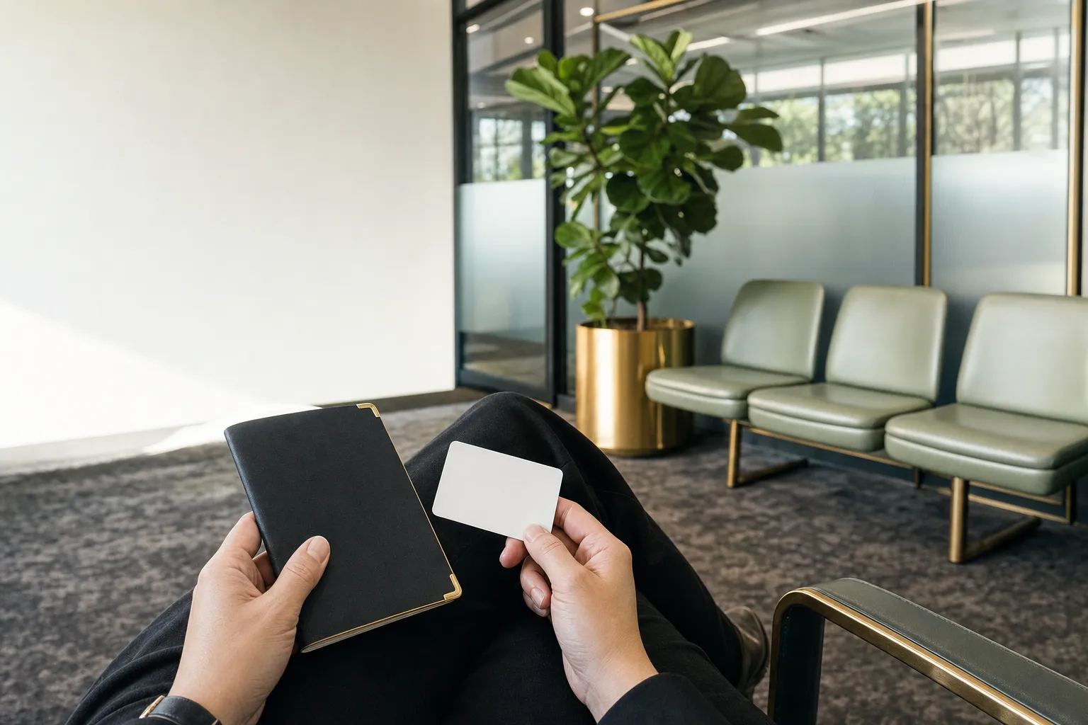 Hands holding a closed passport and a blank photo card in a bright office waiting area with pale-green chairs and frosted glass