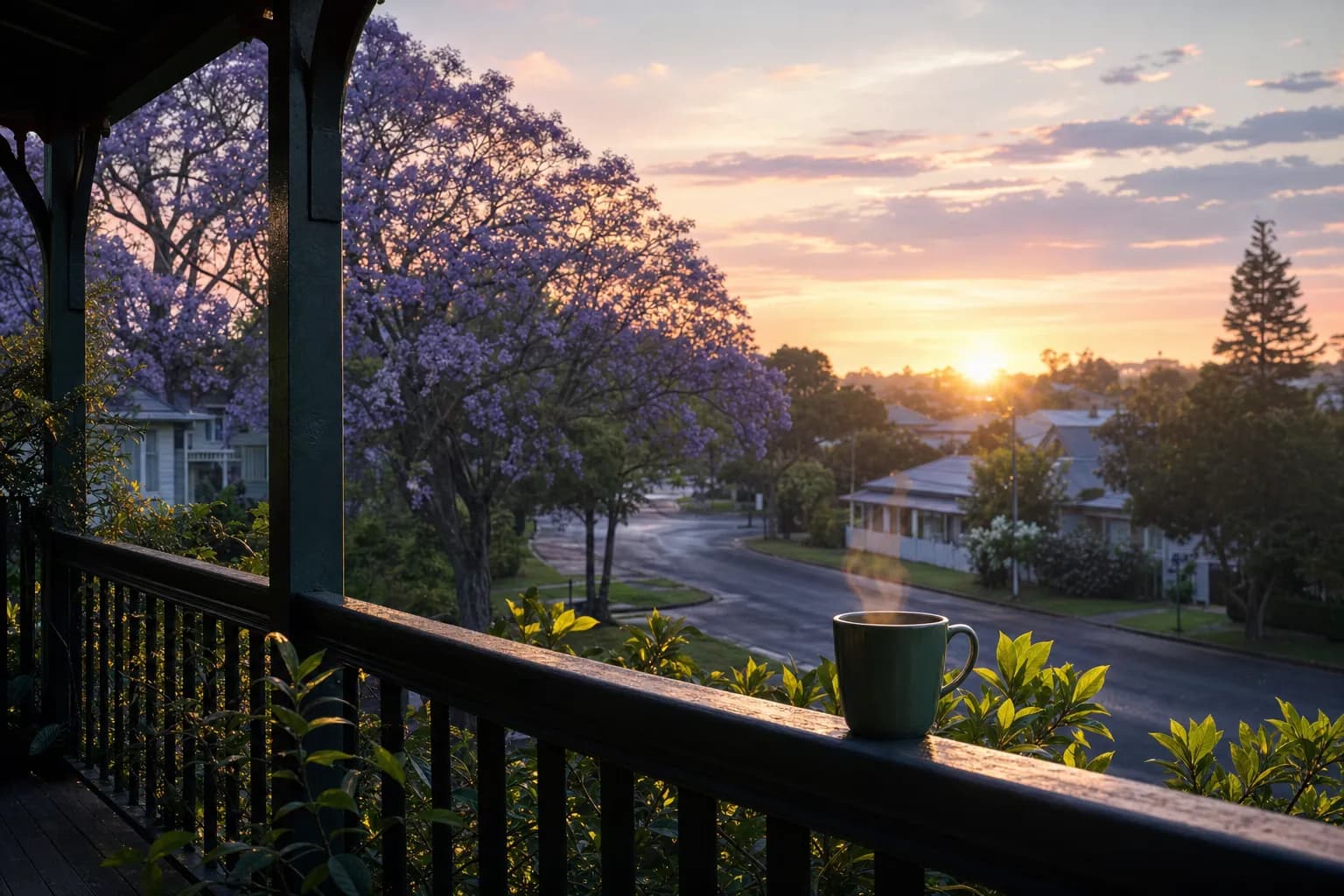 Dawn over a suburban Australian street from a timber verandah, a steaming mug on the railing and a jacaranda in bloom across the road