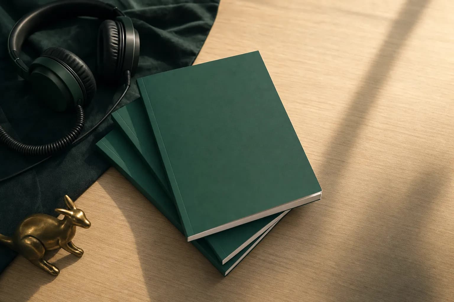 A plain teal softcover booklet on a stack of two others on a timber table, with headphones coiled beside it and a small brass kangaroo paperweight in afternoon light