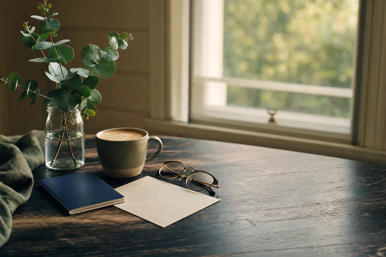 A closed passport, a blank envelope, reading glasses and a coffee on a timber kitchen table in morning light, with a sprig of eucalyptus in a jar