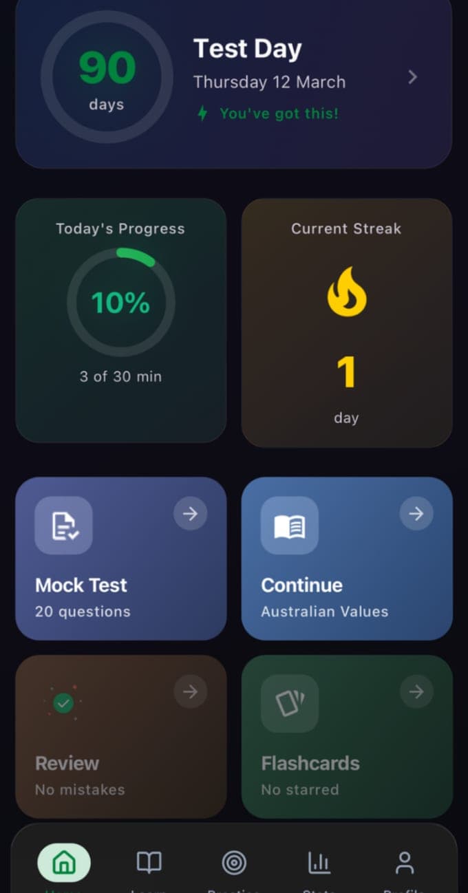 Australian Citizenship app home screen with a 90-day countdown to the test date, a daily study goal, a streak, and shortcuts to a 20-question mock test, the Australian Values chapter, mistakes to review and flashcards