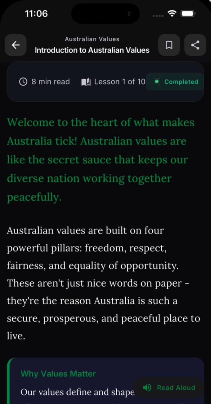 An Australian Citizenship lesson, Introduction to Australian Values, lesson 1 of 10, with Read Aloud and a quiz