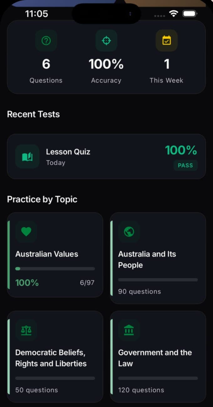 Practice screen listing the four testable parts with their question counts: Australian Values 97, Australia and Its People 90, Democratic Beliefs, Rights and Liberties 50, Government and the Law 120