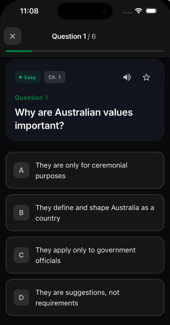 A practice question, 1 of 6, tagged Easy and Chapter 1, asking why Australian values are important, with four options and a read-aloud button
