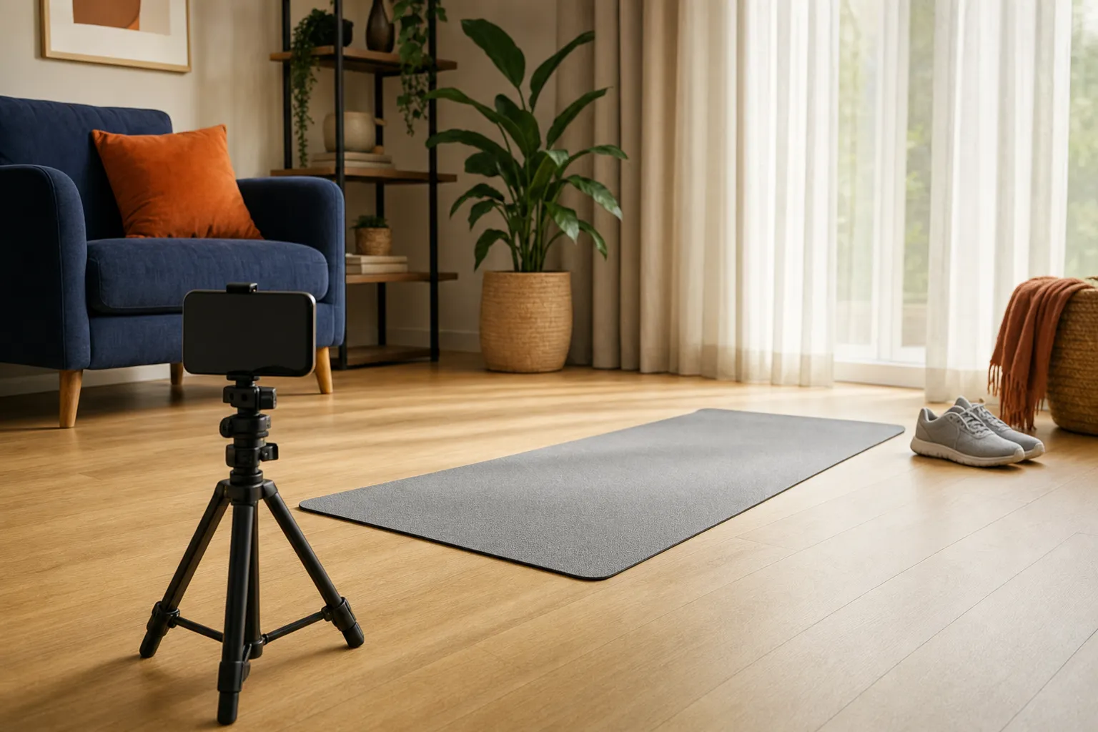 A phone on a small tripod in a living room with its camera facing an empty grey exercise mat, a navy armchair with an orange cushion, a plant and sheer curtains