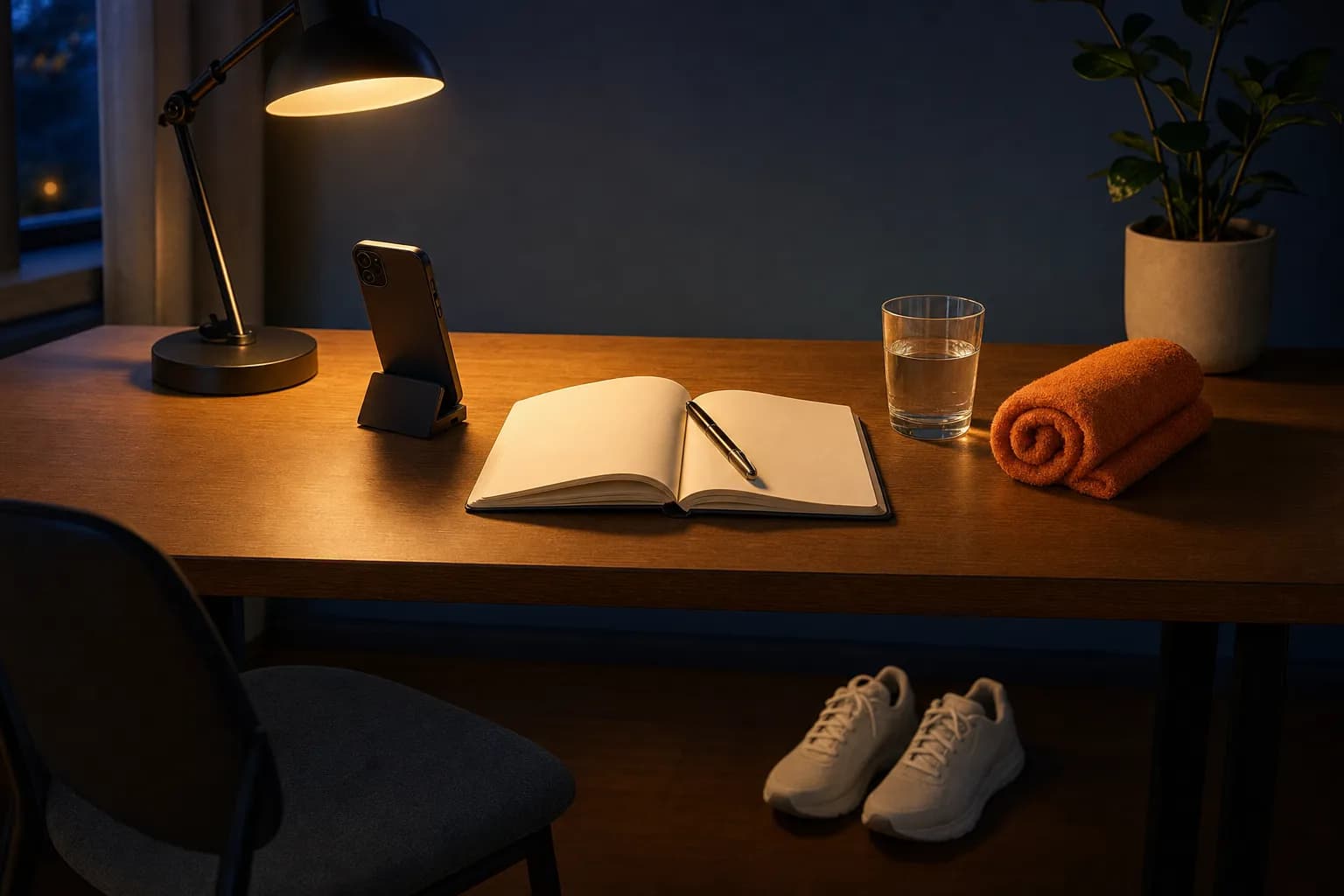 A tidy desk in evening light with a phone on a stand turned away, an open blank notebook with a pen, a glass of water, a rolled orange towel and a pair of trainers on the floor beneath