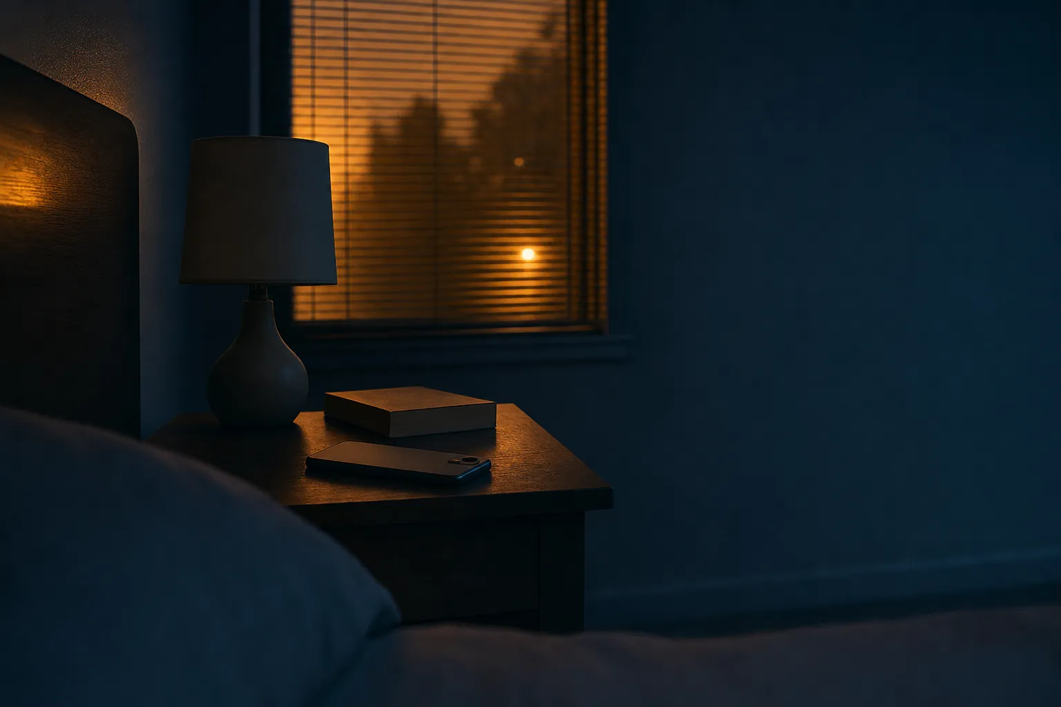 A phone lying face down on a wooden bedside table at night beside a switched-off lamp and a closed paperback, with a warm streetlight glow through the blind