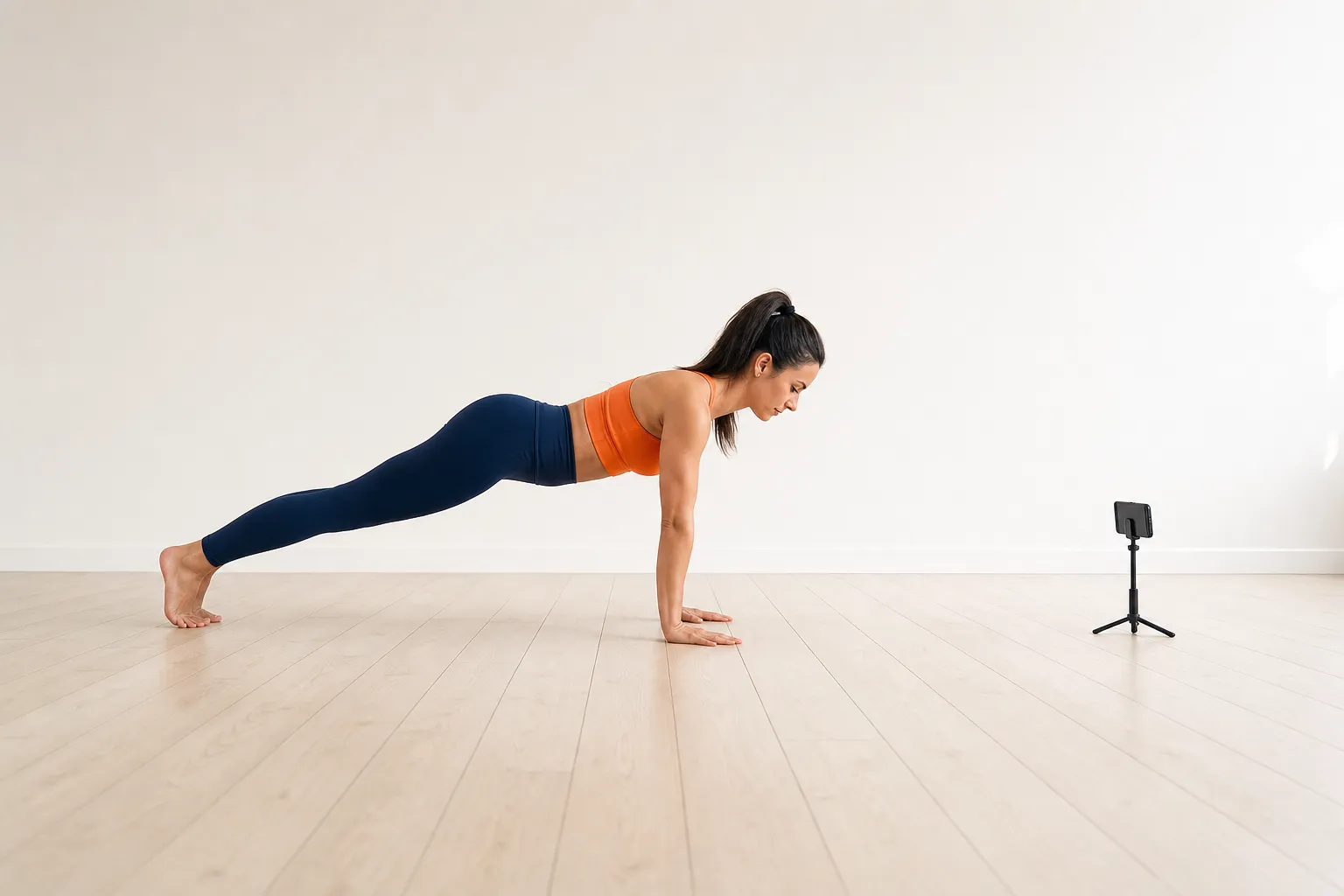 A woman holding the top of a pushup on a pale wooden floor, seen from the side with her body in one line, a phone on a small tripod a few metres away