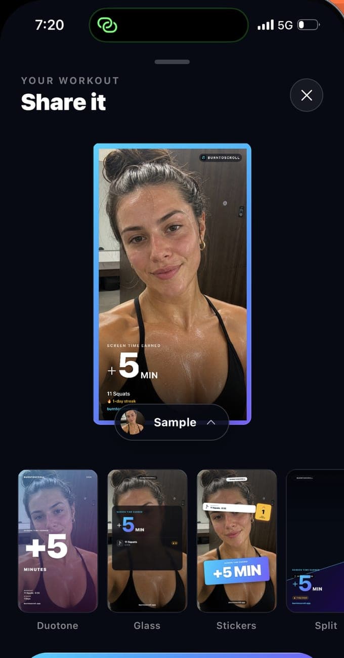 The share screen of BurnToScroll with a workout card and four template styles