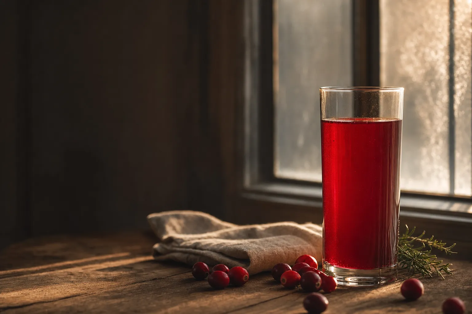 A tall glass of deep red cranberry juice on a wooden table, backlit by low winter sun, with loose cranberries, a folded linen napkin and frost on the window behind