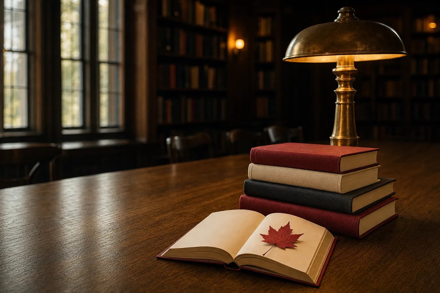 A short stack of plain cloth-bound hardcover books in red, cream and charcoal on an oak library table, one open to blank pages with a red maple-leaf bookmark, a brass reading lamp glowing