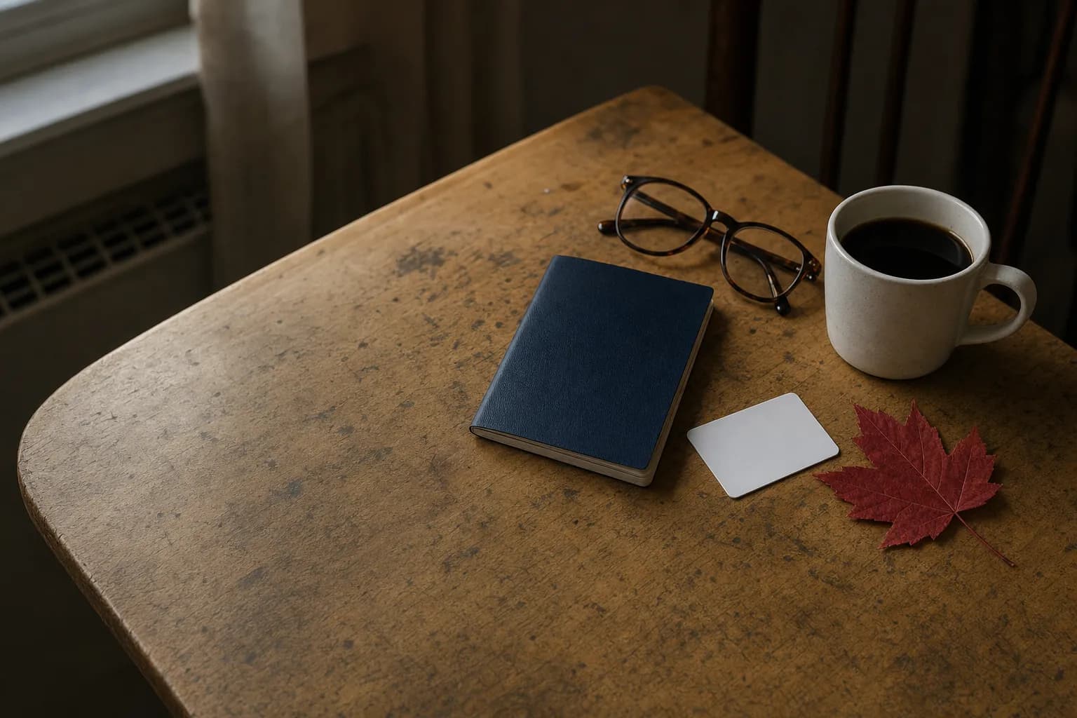 A closed dark-blue passport, a blank card, reading glasses and a mug of coffee on a maple kitchen table in grey morning light, with a pressed red maple leaf