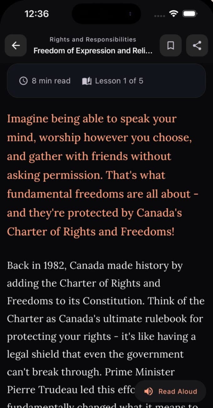 A Canadian Citizenship lesson, Freedom of Expression and Religion, lesson 1 of 5, with Read Aloud and a quiz