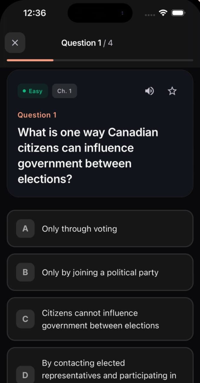 A practice question, 1 of 4, tagged Easy and Chapter 1, asking how Canadian citizens can influence government between elections, with four options and a read-aloud button