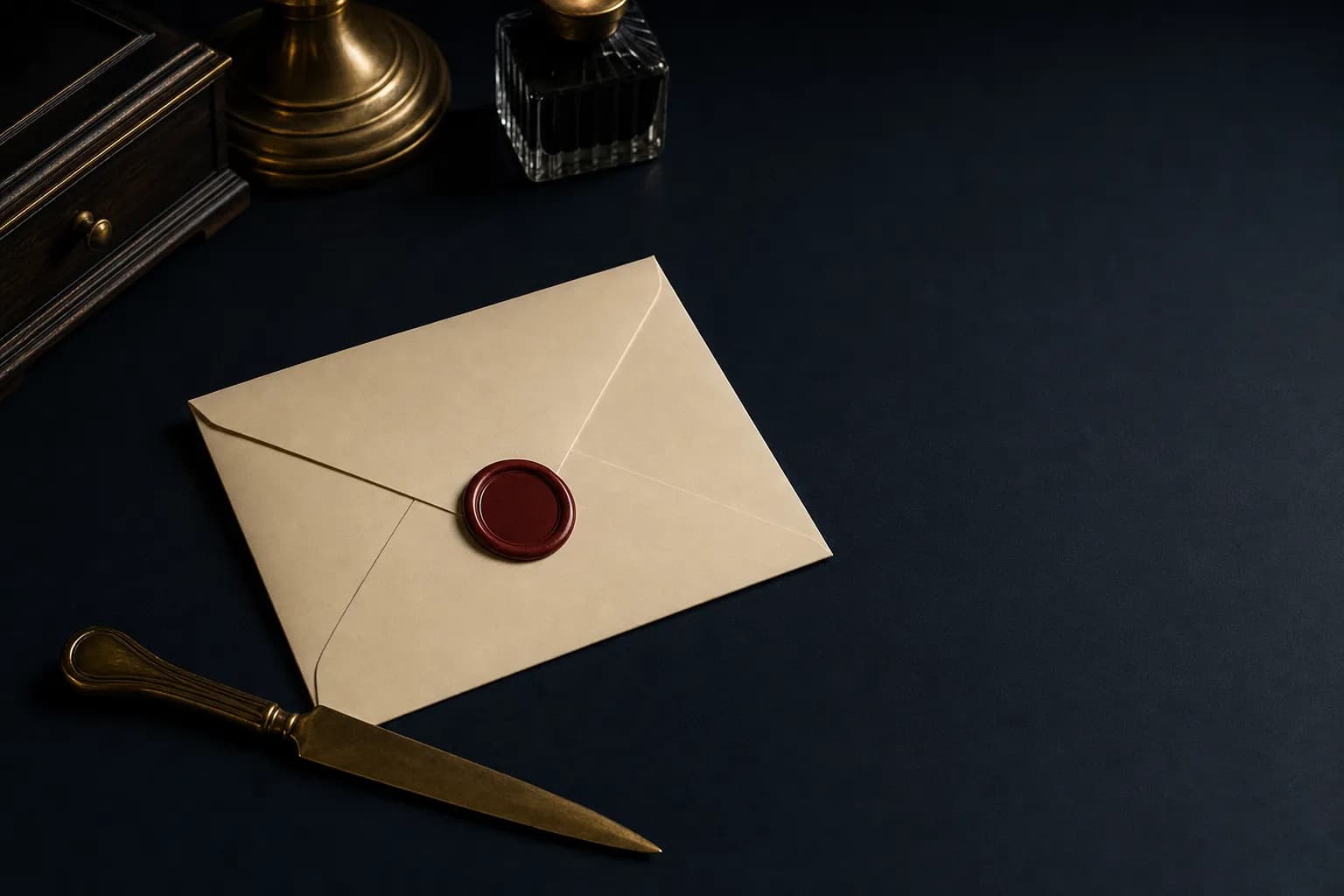 A cream envelope sealed with a dark red wax seal on a navy desk beside a brass letter opener