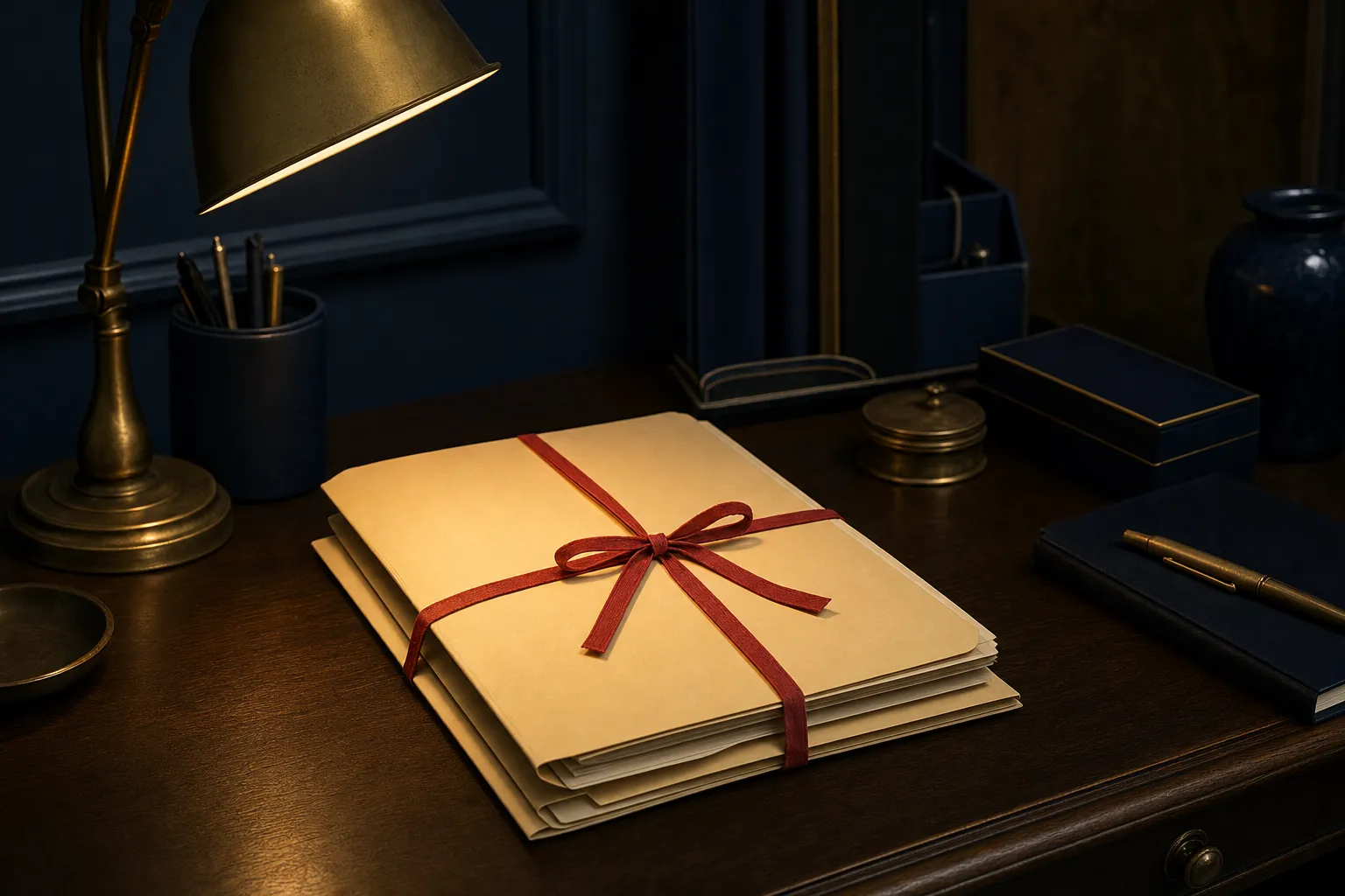 A closed manila folder tied shut with a red ribbon on a dark wooden desk under a brass lamp