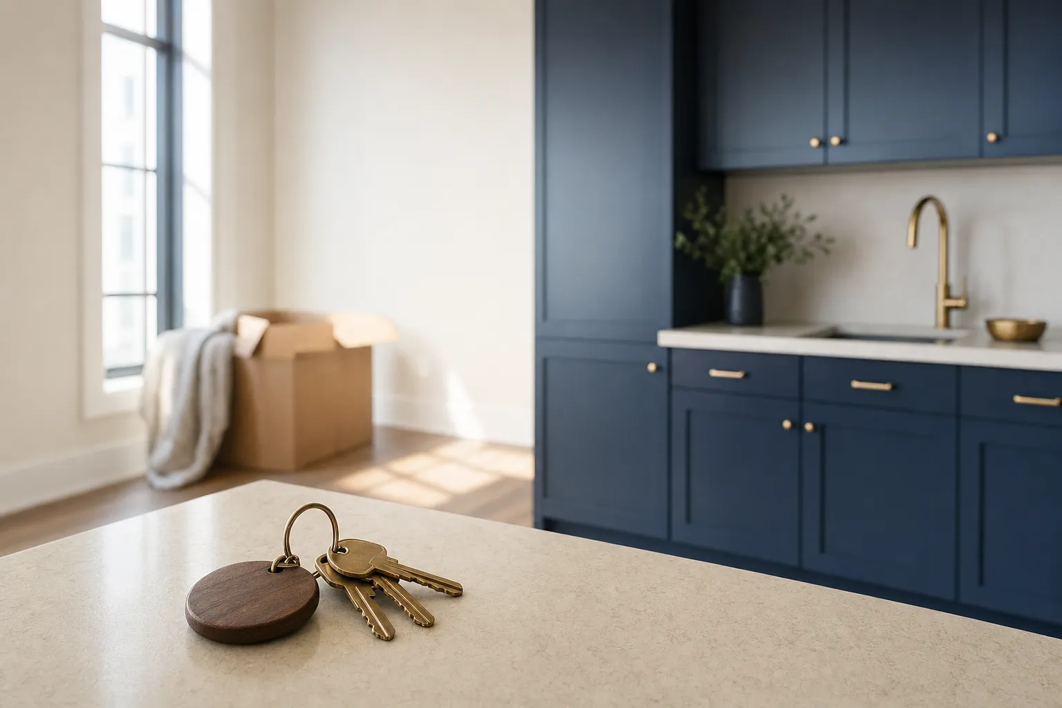 A ring of house keys with a plain wooden fob on a pale kitchen counter in an empty apartment with navy cabinets and a moving box behind