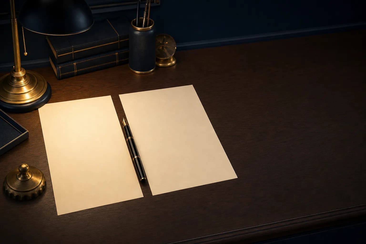Two blank cream sheets of paper on a dark walnut desk with a black fountain pen resting between them under a brass lamp