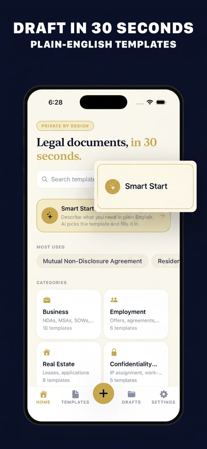 The Templates screen of Contract Maker with search, category filters and the Business section