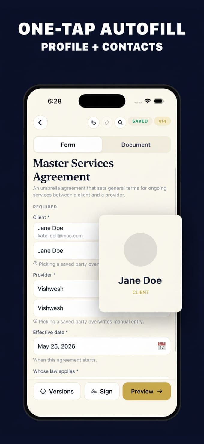 The document view of Contract Maker with the rendered Master Services Agreement