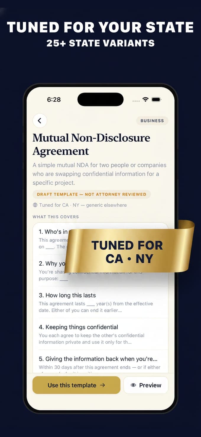 The App Store image headed Tuned for your state, 25+ state variants: the Mutual Non-Disclosure Agreement template page with its summary, the badge saying it is a draft template not reviewed by an attorney, a line reading tuned for CA and NY and generic elsewhere, and what the document covers