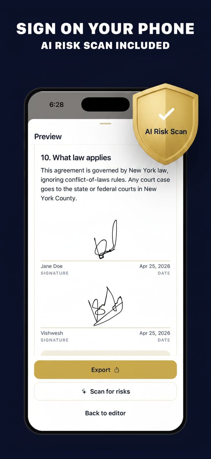 The App Store image headed Sign on your phone, AI risk scan included: a contract preview showing clause 10 on what law applies under New York law, two signatures drawn by hand and dated 25 April 2026, and buttons to export or scan for risks