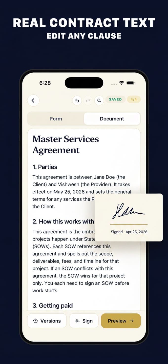 The home screen of Contract Maker with the most-used templates and the category grid