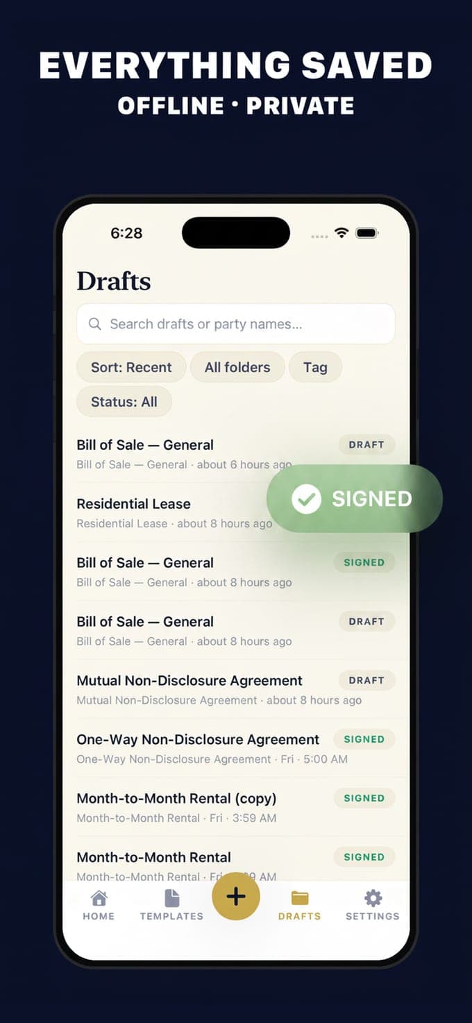 The Drafts screen of Contract Maker with draft and signed documents