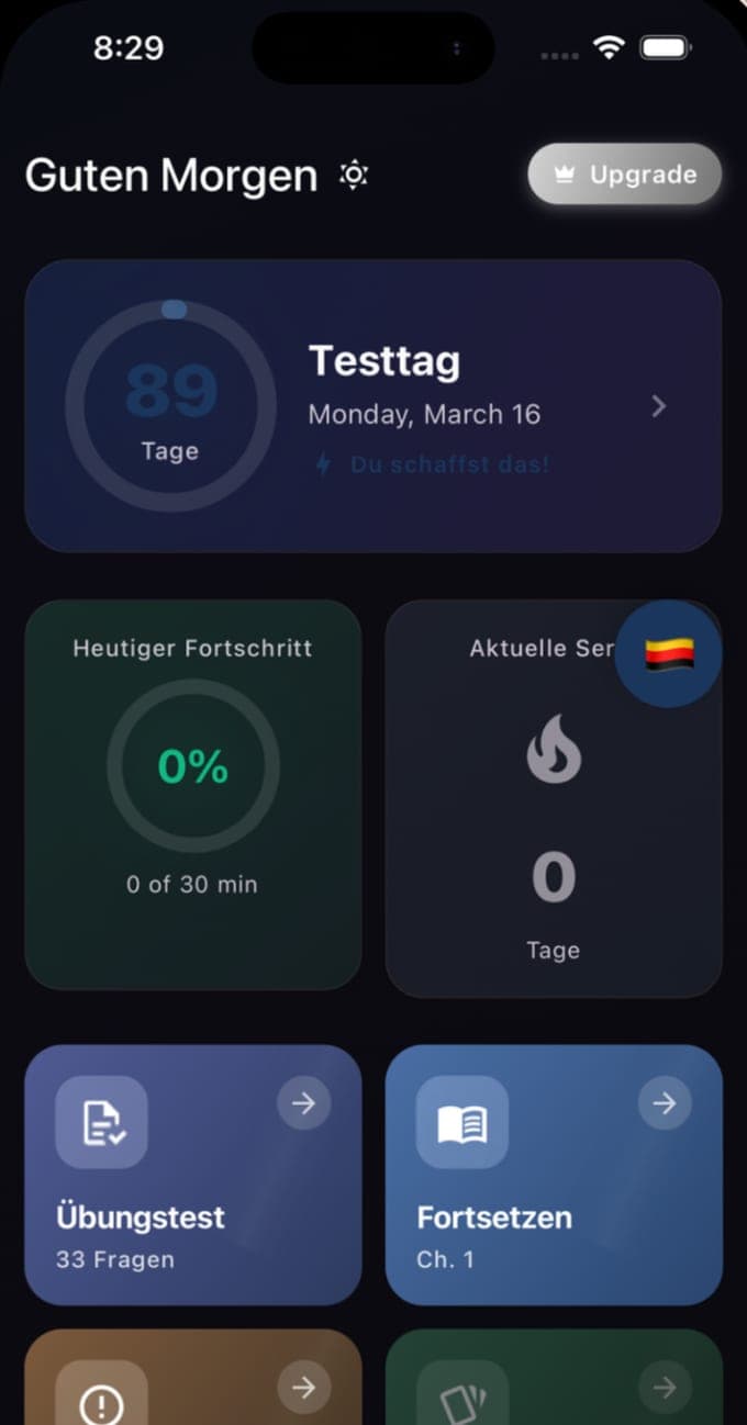 Der Startbildschirm von Einbürgerungstest bestehen: Guten Morgen, 89 Tage bis zum Testtag am Montag, 16. März, heutiger Fortschritt 0 von 30 Minuten, die aktuelle Serie, und Kacheln für einen Übungstest mit 33 Fragen und zum Fortsetzen von Kapitel 1