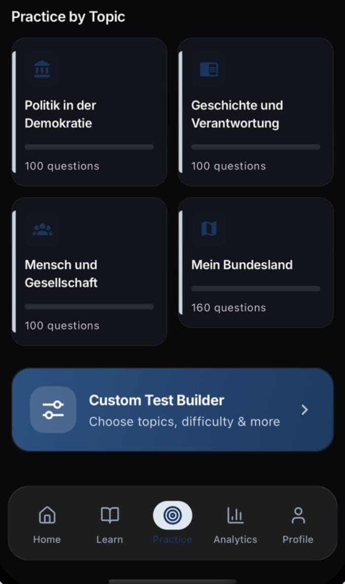 Der Übungsbildschirm von Einbürgerungstest bestehen: die drei Themenbereiche mit je 100 Fragen, Mein Bundesland mit 160, und der Test-Generator