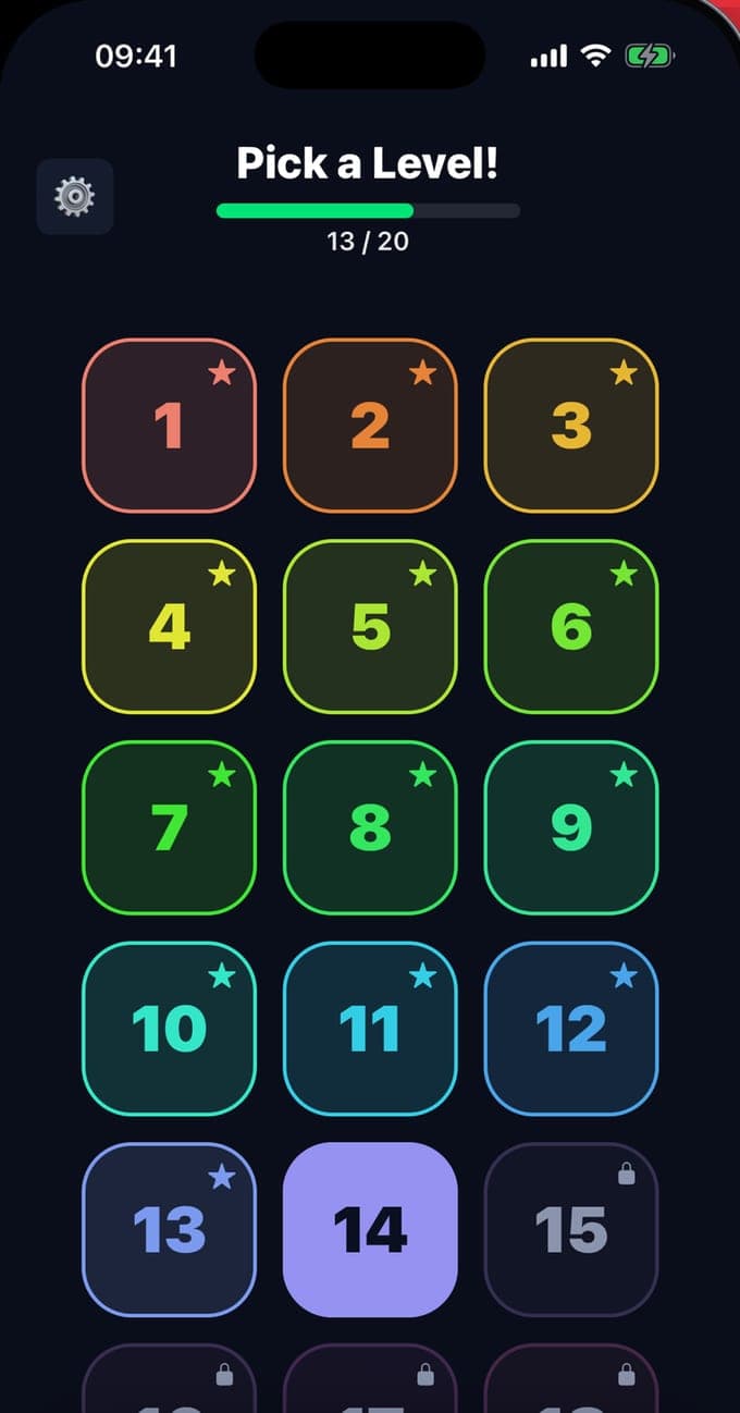 Das Raster Pick a Level! in Multiplication: Times Tables mit 13 von 20 geschafften Leveln
