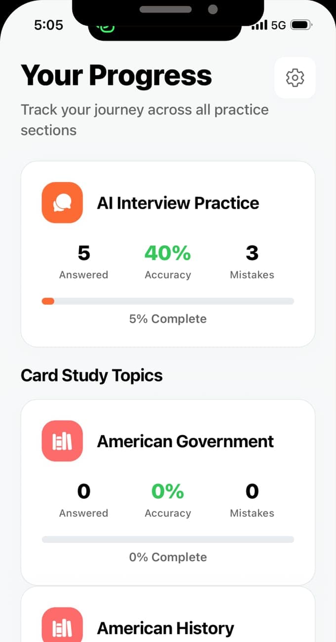 La pantalla Your Progress de USCIS Interview Practice: AI Interview Practice con 5 respondidas, 40% de precisión y 3 errores al 5% completado, y los temas de tarjetas American Government y American History