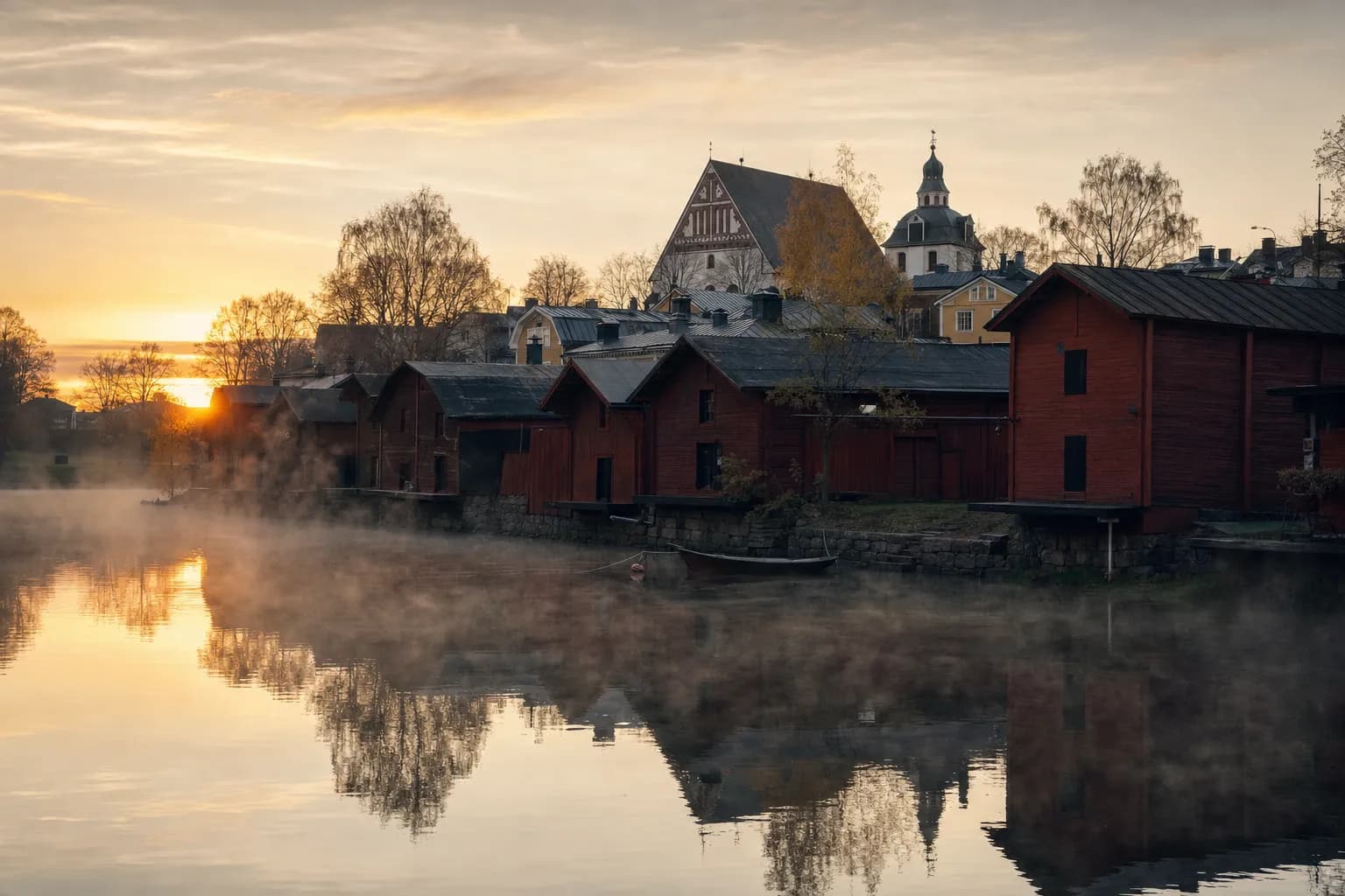 Red wooden shore houses along a misty river in an old Finnish town at dawn, a boat moored, gold light on the horizon
