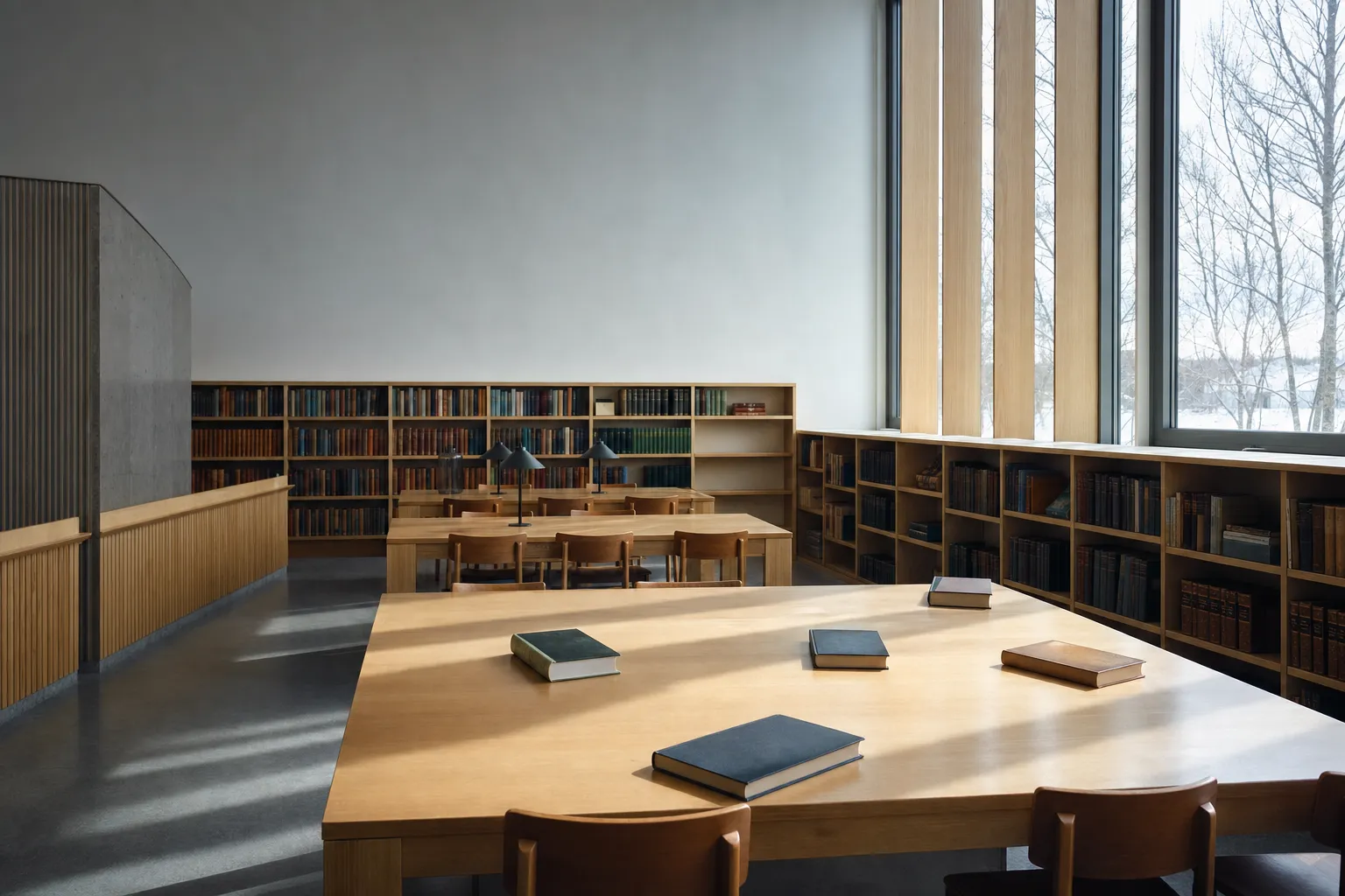 A quiet public library reading room in Finland with pale wooden shelves, long tables and tall windows in winter light