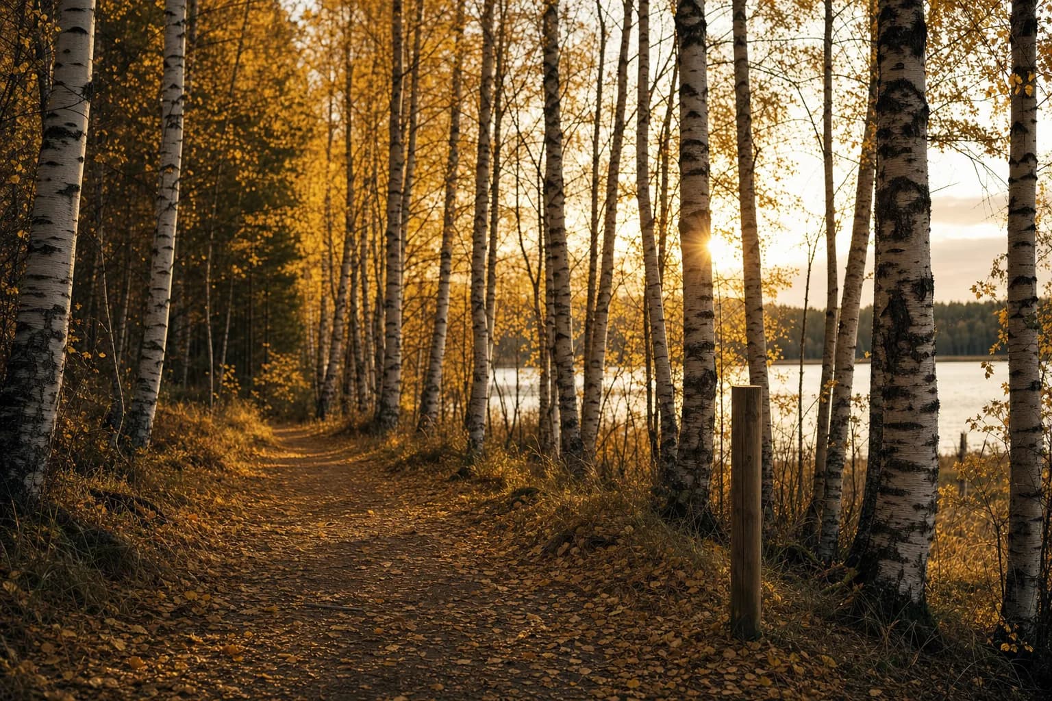 A birch forest path in Finnish autumn colours with low sun through the trunks and a lake beyond
