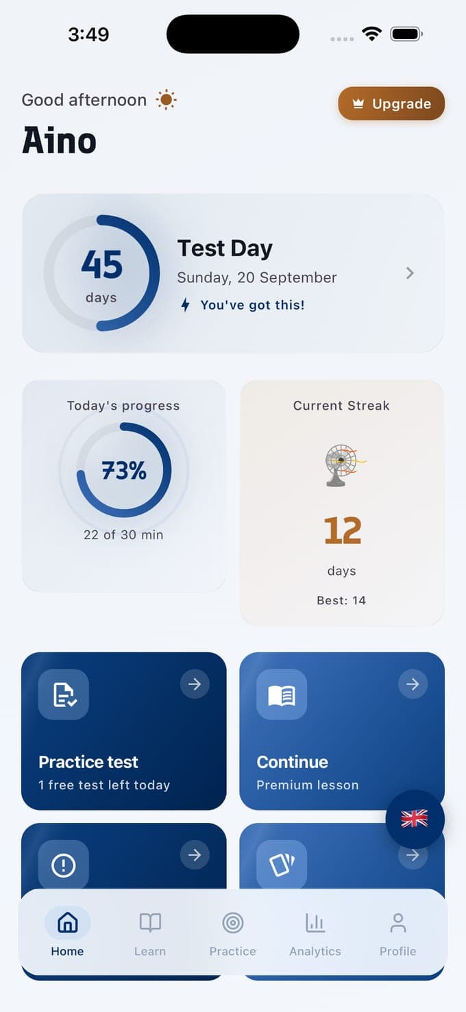 Kansalaisuuskoe home screen: 45 days to the test date, today's progress at 73%, a 12-day streak, and tiles for a practice test with one free test left today and for continuing a lesson