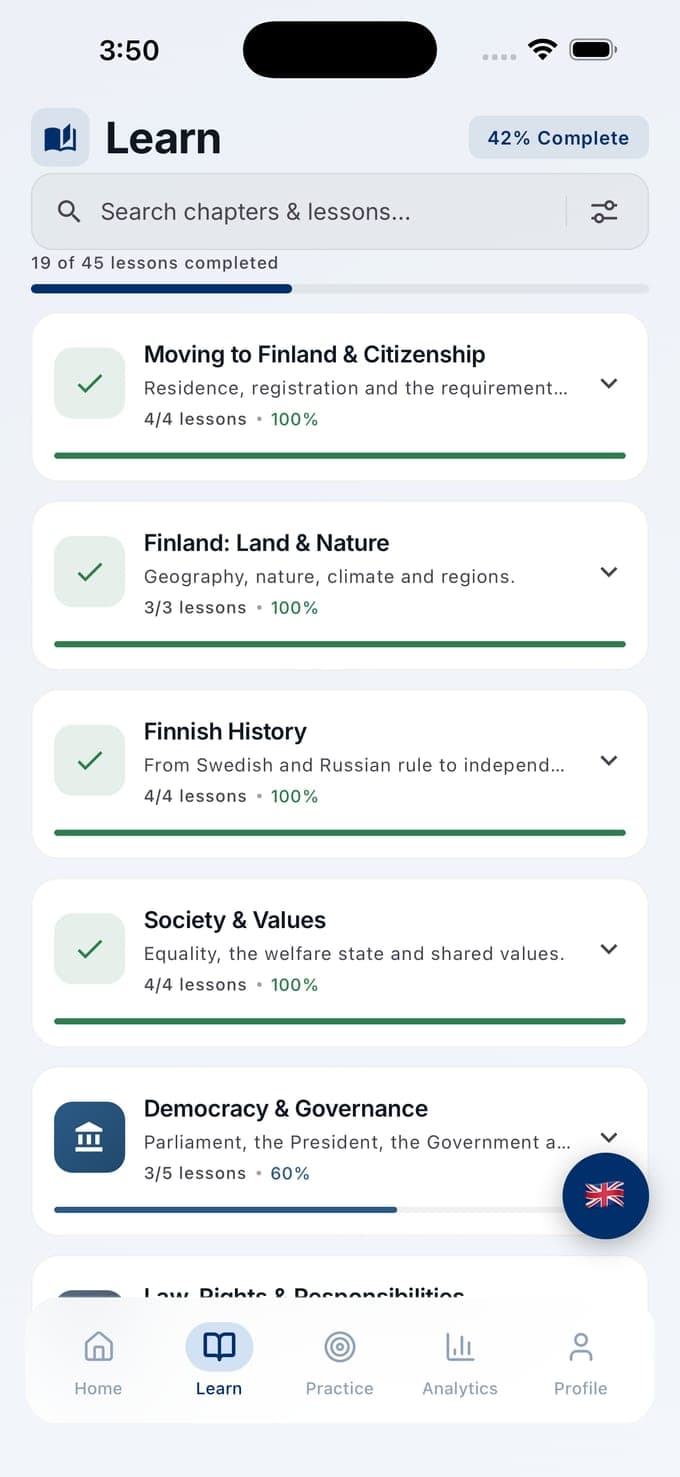 The Learn screen in Kansalaisuuskoe: 19 of 45 lessons completed, with chapters from Moving to Finland & Citizenship and Finland: Land & Nature to Democracy & Governance, each with its progress