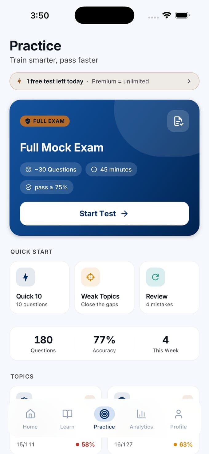 The Practice screen in Kansalaisuuskoe with the Full Mock Exam card, Quick 10, Weak Topics and Review