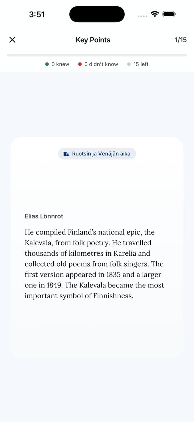 A flashcard in Kansalaisuuskoe from the history chapter on Elias Lönnrot, who compiled the Kalevala from folk poetry, first published in 1835