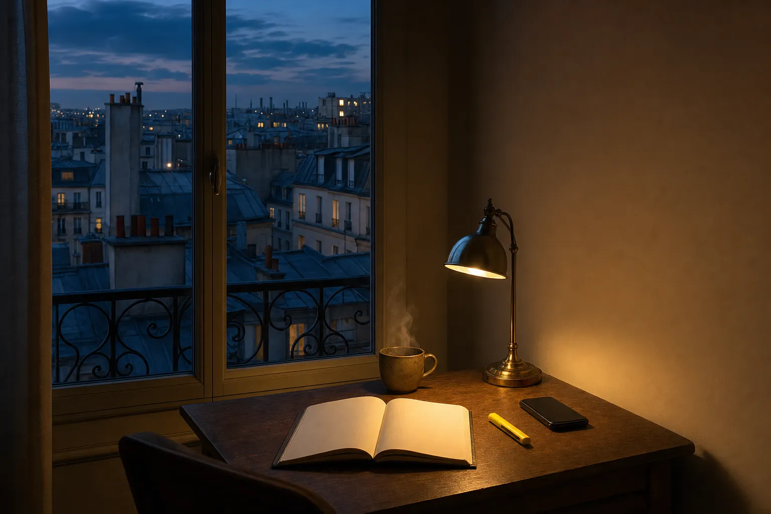 Un bureau d'étude le soir devant une fenêtre sur des toits en zinc parisiens : un cahier ouvert aux pages vierges, un surligneur, un téléphone retourné, une tasse et une lampe