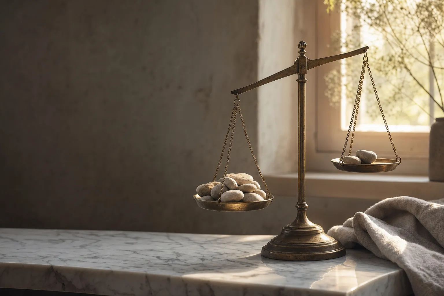 Une balance de précision en laiton sur un comptoir de marbre, un plateau chargé de pierres pâles nettement plus bas que l'autre, lumière de fenêtre