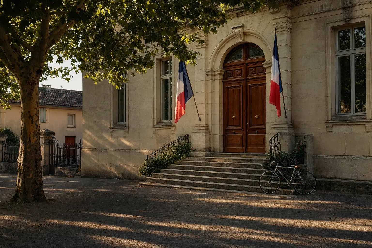 L'entrée d'une mairie de village au matin : marches de pierre claire, porte en bois, deux drapeaux tricolores et un platane