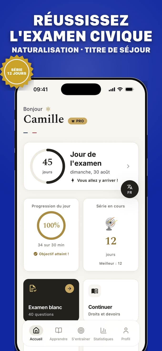La première image de l'App Store d'Examen Civique : le titre « Réussissez l'examen civique, naturalisation et titre de séjour » au-dessus de l'accueil, avec 45 jours avant l'examen le dimanche 30 août, la progression du jour à 100 %, une série de 12 jours et les accès à un examen blanc de 40 questions