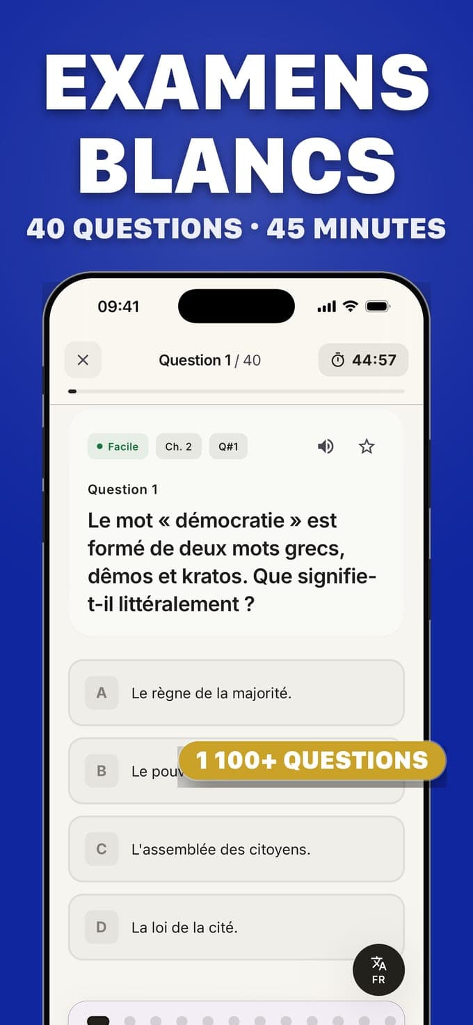 Une question d'examen blanc dans Examen Civique sur le sens du mot démocratie, avec le chrono à 44 minutes 57